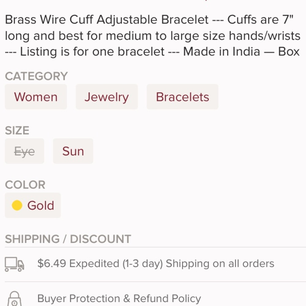 Brass Wire Adjustable Sun Tribal Bracelet Cuff Gold - Picture 5 of 5
